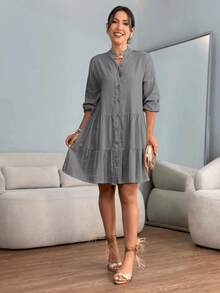 Short Dress With 3/4 Sleeves And Buttons In Linen - Plain Gray - View 1