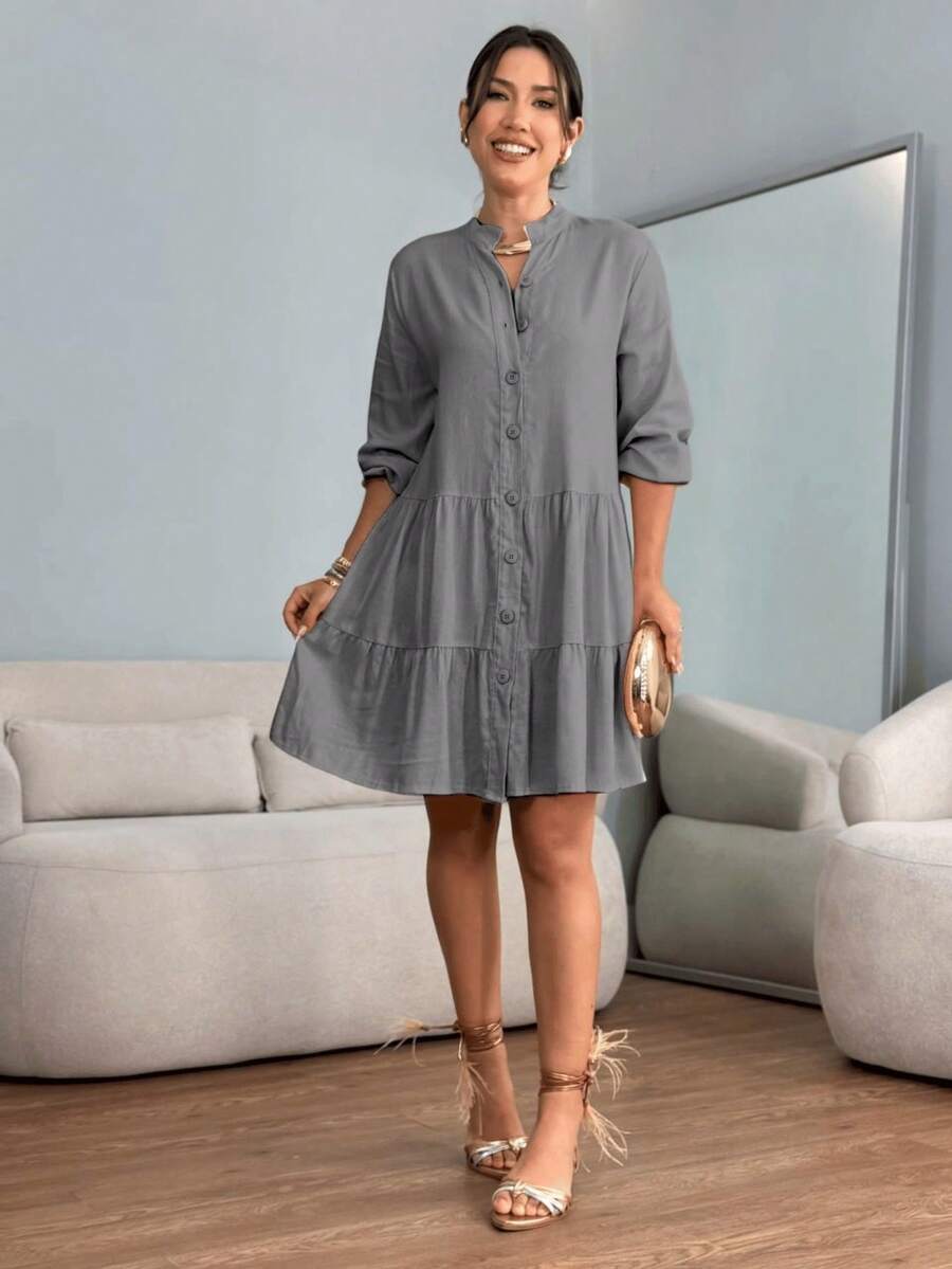 Short Dress With 3/4 Sleeves And Buttons In Linen - Plain Gray - View 1