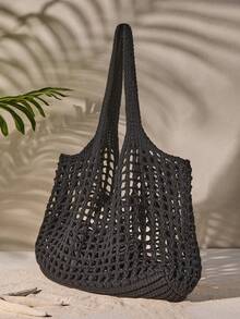 Fashionable Summer Essential: Women Crochet Knitted Handheld Tote Beach Bag, Large Capacity Hollow Out Handbag, Hollow Out Tote Bag, Hollow Out Beach Bag, Shoulder Bag, Women Seasonal Backpack, Beach Purse, Perfect For Summer, Vacation & Daily Use, Travel Must Haves,Elegance Vintage Black,Mother Day Gift,Purse Essentials,Teacher Gifts,School Supplies,Beach Tote Beach Autumn Gifts Cottagecore,SummerOutfit - Black - View 3