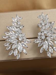 rakol 2 piezas de elegantes pendientes de boda formales de evento con decoración de hoja de plata y circonita cúbica - Plateado - Ver 3