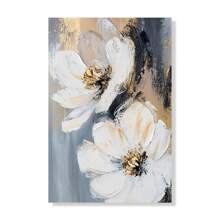 1 peça moderna e elegante, arte de parede floral abstrata, flores brancas com detalhes dourados para sala de estar, decoração de casa, pintura em tela, pôsteres, moldura opcional, arte de parede com moldura