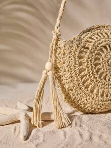 Tropiscape Túi Gusure thủ công dệt từ rơm tròn, túi đeo chéo phong cách Boho trang trí tua rua, túi đi biển khoét rỗng thời trang cho du lịch nghỉ lễ, túi mây đi biển mùa thu đông quà tặng phong cách Cottagecore, trang phục mùa hè. - Màu be - Xem 3