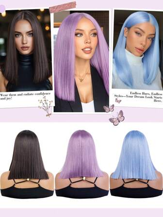 NOBLE 女士短直发合成蕾丝前部假发棕蓝紫色波波头蕾丝假发日常角色扮演派对耐热假发