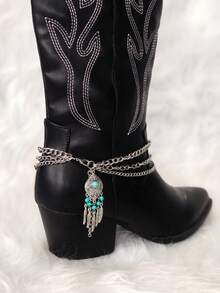 女士波西米亚西部靴链 - 饰以绿松石珠子和流苏吊坠，是音乐节和搭配牛仔靴的理想之选 - 銀色 - 查看 5