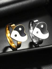 1pc Vintage Yin Yang Heart Shape Ring, New Design Stainless Steel Couple Rings - Multicolor - View 1