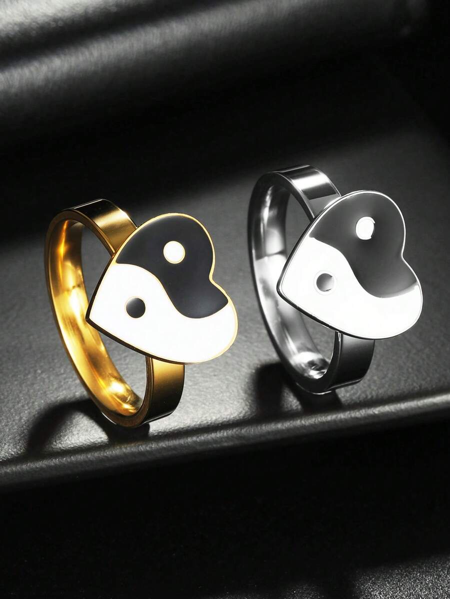 1pc Vintage Yin Yang Heart Shape Ring, New Design Stainless Steel Couple Rings - Multicolor - View 1