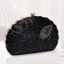 Local Delivery- Peacock Feather Women Dinner Party Evening Bag Handbag For Wedding Sparkly Sequins Decor Evening Clutch Purse Luxury - Black - View 2