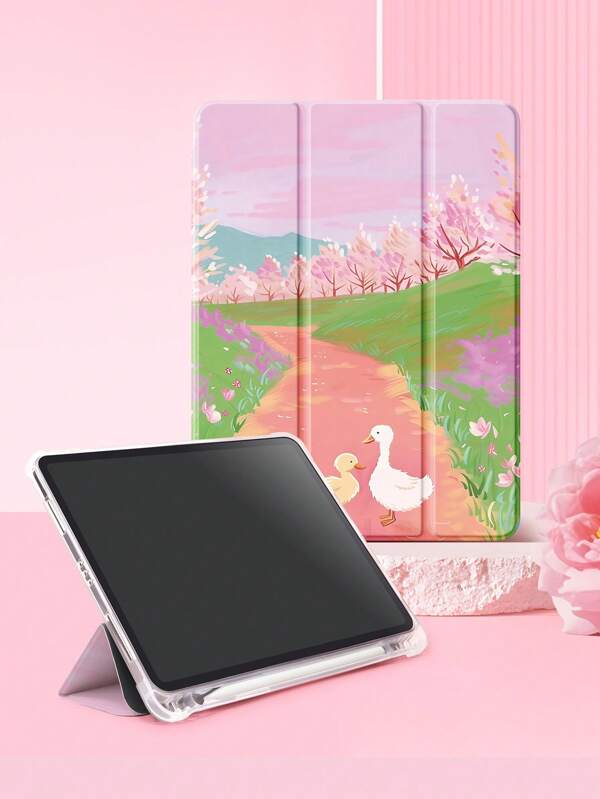 A Cute And Fresh With Pen Slot Painted Transparent Drop-Proof Back Panel Case, Pink Duckling Pattern Tri-Fold Stand Case, Support Hibernation Wake Up Compatible, With IPad And Galaxy Tab