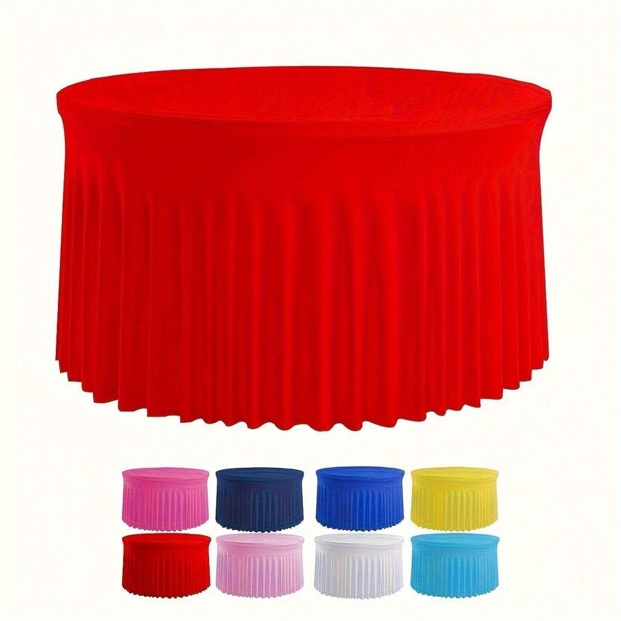 1pc Elastic Round Table Skirt - Vibrant Red Knitted Polyester Blend, Suitable For Kitchen & Dining Table, Machine Made, Durable & Stylish - Multicolor - View 1
