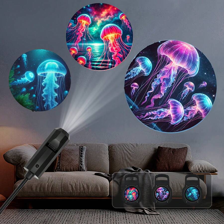Colorful Jellyfish Projector Lamp, 360° Rotating Adjustable LED Light, USB Powered Night Light, Suitable For Home Decor, Bedside, Bedroom, Living Room, Gifts, Photography Backdrop, Wall & Ceiling Lighting, Computer Accessories - Black - View 1
