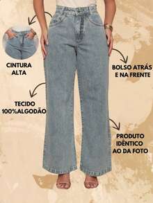 Women's Wide Leg Pants 100% Denim Fabric High Waist SimpleelegantCasualPartyJeansButtonZipperPocketJeans - 中藍色 - 查看 9