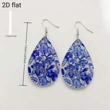 2D Flat Design. A Pair Of Teardrop - Shaped Earrings With Bohemian - Style Colorful Wavy Patterns And Blue - And - White Porcelain Patterns, Incorporating Elements Of Oil Paintings. Suitable For Parties And Music - Themed Occasions.