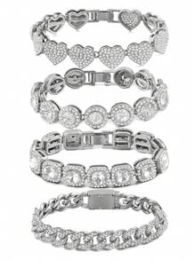 1 Stück/4 Stücke Hiphop Armband für Herren und Damen, rundes oder quadratisches Herz mit voll besetzten Strass, mehrlagige Ketten-Armband Set in Gold und Silber, funkelnde Eisenkette Metall Miami Armband Schmuck zum Valentinstag