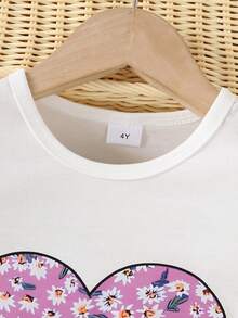 2pcs Young Girl Summer Casual Heart Print Short Sleeve T-Shirt + Shorts Set, With Heart Pattern, Suitable For Outdoor Wear, Children Valentine's Day Outfit - Purple - View 4