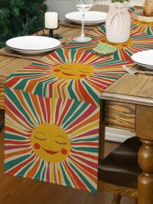 1pc Modern Sunface, Sunflower, Coconut Tree Printed Tablecloth, Kitchen Dining Room Decor, Holiday Decor, Home Gathering Decor, Home Decor, Scene Decor, Outdoor Dining Table, Coffee Table Decor