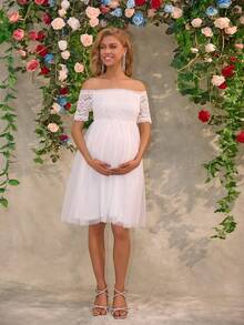 露肩纯色蕾丝拼布拉链孕妇装，厚重设计