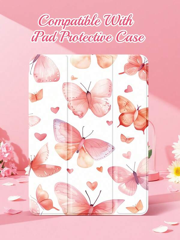 One Piece With Pen Slot Fresh And Cute Painted Transparent Drop-Proof Back Panel Case, Tri-Fold Stand Case, Support Hibernation Wake Up Compatible With IPad And Galaxy Tab