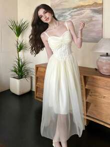 Women's Elegant Lace Contrast Mesh Dress Homecoming Party Dress Birthday Wedding Guest - Apricot - View 7