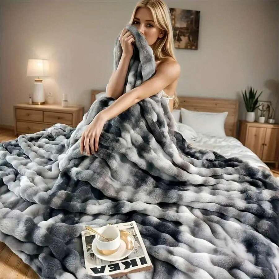 Soft & Warm Ultra-Soft Faux Rabbit Fur Tie-Dye Plush Throw Blanket - Reversible, Machine Washable For All Seasons, Perfect For Sofa, Bed, Living Room, Christmas Present - 深灰色 - 查看 1