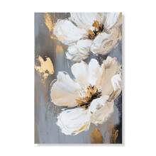 1 peça moderna e elegante, arte de parede floral abstrata, flores brancas com detalhes dourados para sala de estar, decoração de casa, pintura em tela, pôsteres, moldura opcional, arte de parede com moldura