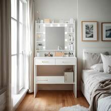 HEXCELEN Dressing Table With Mirror, Dressing Table With Shelves And 2 Drawers, For Bedroom, Living Room, Adjustable Brightness, 40 X 80 X 149 Cm - trắng - Xem 1