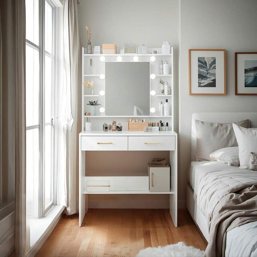 HEXCELEN Dressing Table With Mirror, Dressing Table With Shelves And 2 Drawers, For Bedroom, Living Room, Adjustable Brightness, 40 X 80 X 149 Cm - trắng - Xem 1