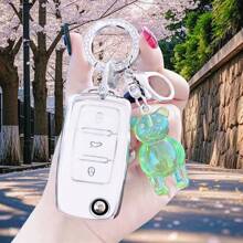 TPU Textured Pink Car Key Fob Cover/Rhinestone & Pink Bear Exquisite Collision/Sweet Style: Rhinestone Keychain & Pink Purple Bear Key Companion/Street Fashion Style! Rhinestone Key Accessory, Blue Bear Super Attractive Suitable For Polo Tiguan Passat B5 B6 B7 Golf 4 5 6 MK6 Jetta Lavida//A Folding 3 Buttons/Lamando/Dedicated/Superb/Lavida/Cómemeck/Xinrui Exclusive, Ideal Gift For Valentine's Day