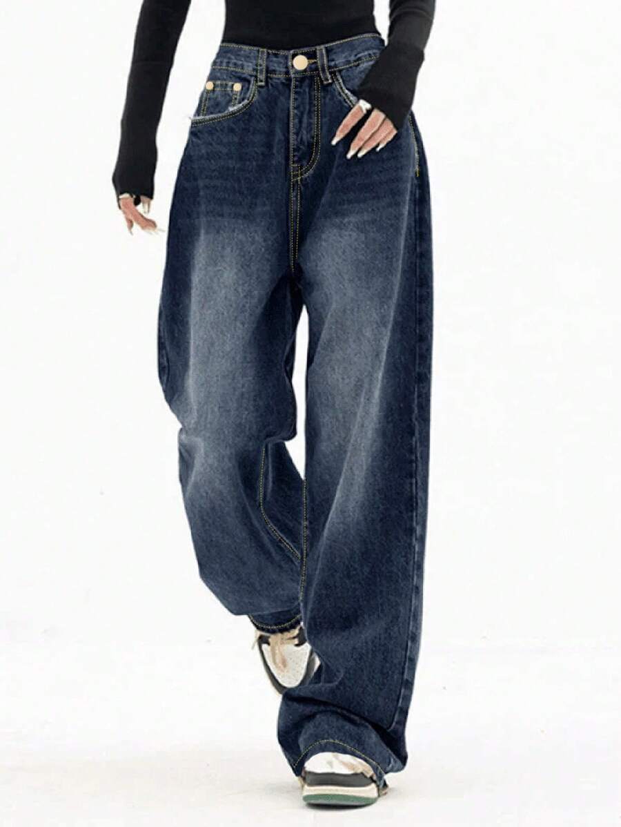 Women's Casual Washed Wide-Leg Denim Jeans