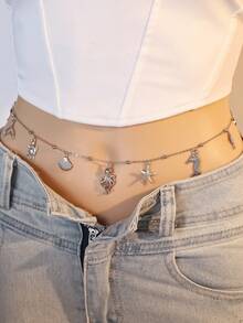 1pc Boho Style Lovely Starfish, Seahorse, Mermaid Tail, Shell, Turtle Silver Tone Multi-Charm Waist Chain For Women, Suitable For Daily Wear, Beach, Music Festival, Dates - Silver - View 12