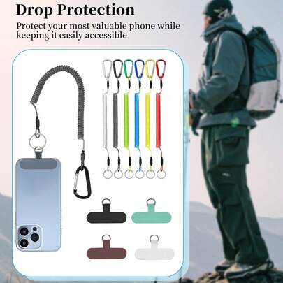 1根弹簧绳+2个垫片，钢丝直径0.3mm，拉伸1米，铁环手机防掉带，手机挂绳，钓鱼钳，户外登山运动手机防丢线