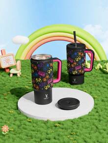 24oz Handled Insulated Tumbler, Vacuum Sealed Stainless Steel Travel Mug With Straw, Vacuum Insulated Water Bottle, Thermos, Reusable Stainless Steel Water Bottle - Keeps Hot/Cold For 24 Hours (Glow In The Dark Black Gaming Controller) - Black - View 7