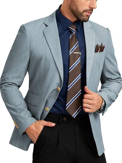 Furuyal 男士西装外套优雅纯色双扣修身单排扣商务婚礼夹克男士西装舞会派对牛仔蓝色尺码 XS-3XL