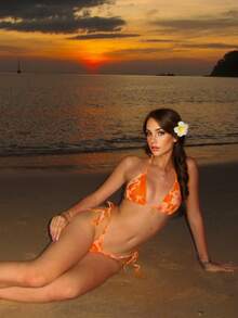 Conjunto de 2 piezas de bikini con estampado total, espalda descubierta, lazo trasero y abertura lateral, traje de baño sexy e informal para mujer, ideal para playa y vacaciones de verano