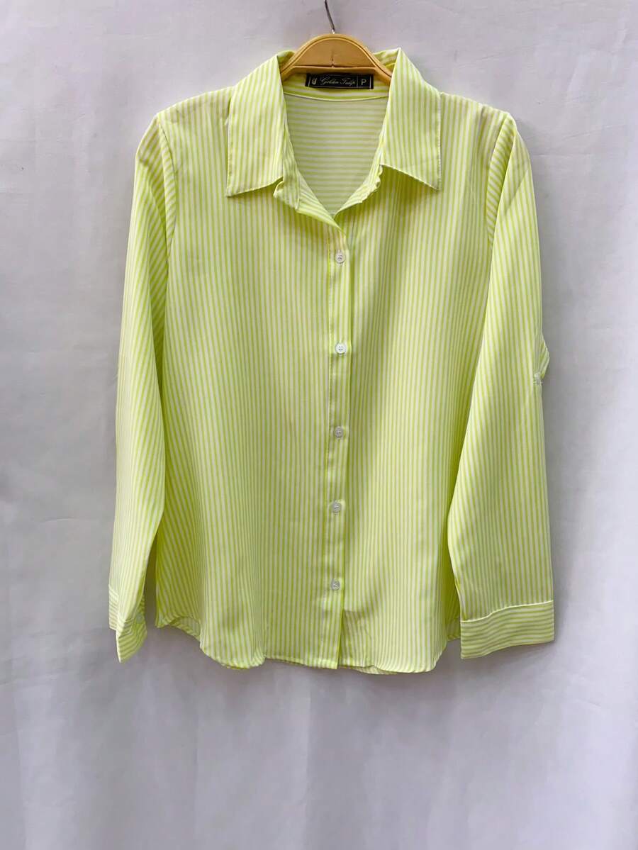 Women's Dress Shirt Pinstripe Stripes Thin - Verde Lima - Ver 1