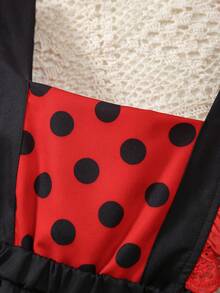 2pcs Baby Girl Summer New Ladybug Striped Full Print Backless Patchwork Lotus Leaf Lace Adjustable Shoulder Strap Dress&Sun Hat Set - Red - View 3