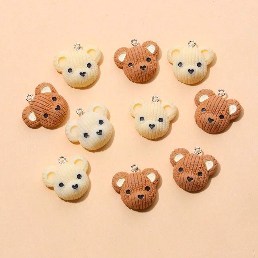 10个可爱卡通树脂熊头吊坠，适合制作耳环、手链、项链、钥匙扣等首饰 - 混合装 - 彩色 - 查看 1