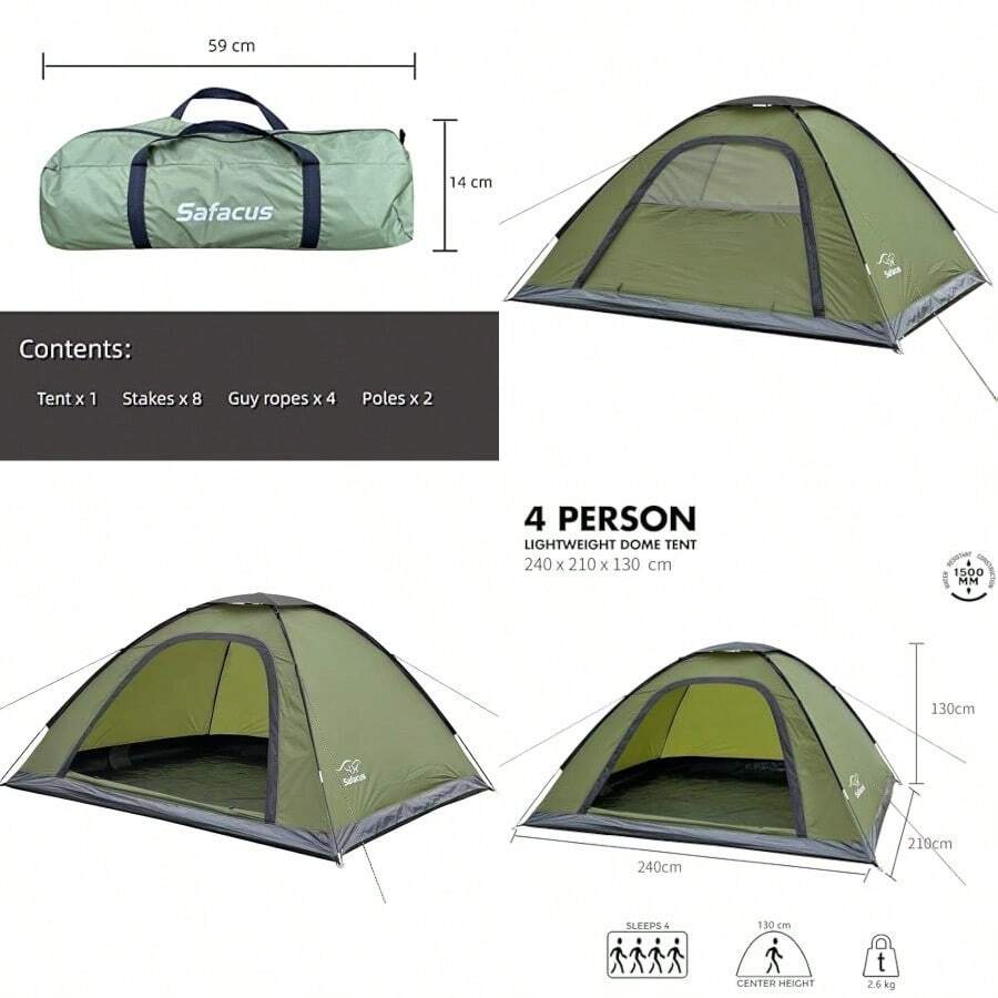 SAFACUS Camping Tent For 4 People Lightweight Sturdy Waterproof 4 Man Dome Tent Ventilation System Mosquito Protection - as pic - View 1