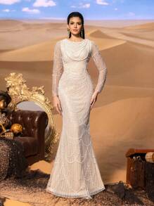 Faeriesty Haute Glamour Gorgeous Beaded Mermaid Evening Gown With Sheer Long Sleeves & Cascading Arc Pearl Chain For Luxury Evening Galas & Glamorous Banquet Debut