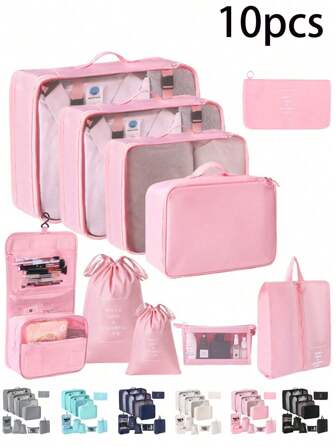 10 件/套旅行收纳套装，包括：洗漱包、化妆包、鞋包、化妆包、化妆品包、服装收纳袋、香水盒、化妆盒、内衣袋、收纳袋、可折叠内衣和袜子收纳袋、手提袋、电缆收纳袋、服装袋、收纳套装、旅行配件
