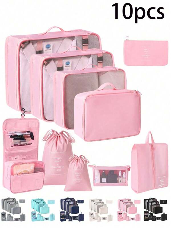 Set de 10 piezas organizador de viaje, que incluye: bolsa de aseo, bolsa de cosméticos, bolsa de zapatos, bolsa de maquillaje, bolsa de cosméticos, bolsas organizadoras de ropa, estuche para perfume, estuche de maquillaje, bolsa de lencería, cubos de embalaje, organizador plegable de ropa interior y calcetines, bolso de mano, organizador de cables, bolsas para prendas, juego de organizadores, accesorios de viaje