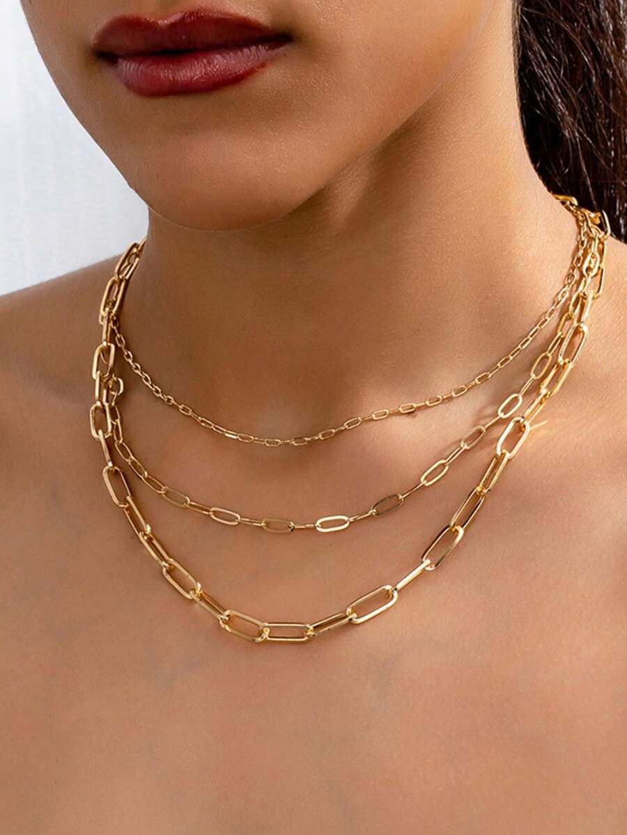 1pc Fashionable Minimalist Multi-Layer Metal Chain Necklace, Suitable For Party Wear - Yellow Gold - View 1