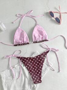 Women's Polka Dot Double Fabric Contrast Color Halter Bikini Top And Side Tie Bottoms, Suitable For Beach, Summer Vacation And Pool Party