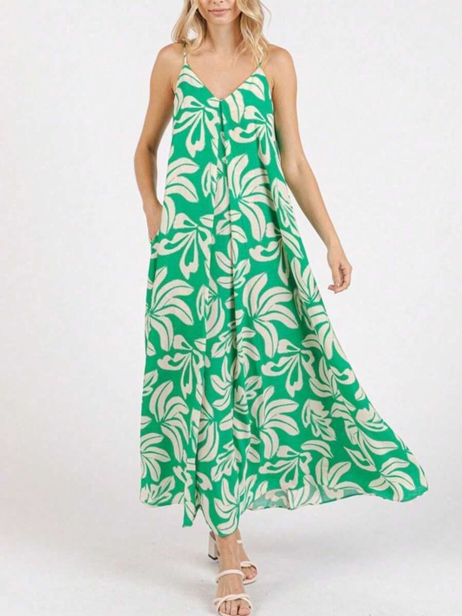 Womens Casual Hawaiian Chic Tropical Floral Print Spaghetti Strap Maxi Dress Loose Fit V Neck Green White Large Leaf Pattern Summer Beach Vacation Resort Wear Flowy A Line Sundress - 凱莉.格林 - 查看 1