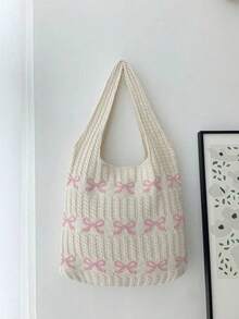 1 件蝴蝶图案撞色钩针手提包单肩包大容量时尚沙滩包多功能通勤包大容量针织流浪包可爱心形图案手提包女士休闲钩针手提包单肩包 Y2k 礼物、休闲度假、沙滩包、单肩包、手提包