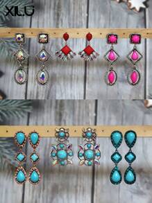 1 par de pendientes con colgante geométrico de colores múltiples con estilo vintage europeo para mujeres