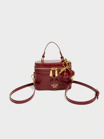 时尚新款优雅气质纯色pu面料手提方包迷你pu包纯防水面料勃艮第包字母图案装饰设计盒子包适合旅行购物聚会通勤时尚勃艮第包