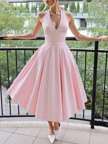 Vestido sin mangas escote en V de unicolor con empalme - Rosa - Ver 1