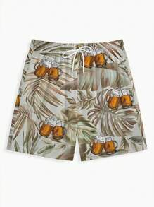 3 piezas Shorts de playa de verano para hombre con cordón, con estampados de hojas y cervezas de moda, ideales para vacaciones en la playa, hawaianos