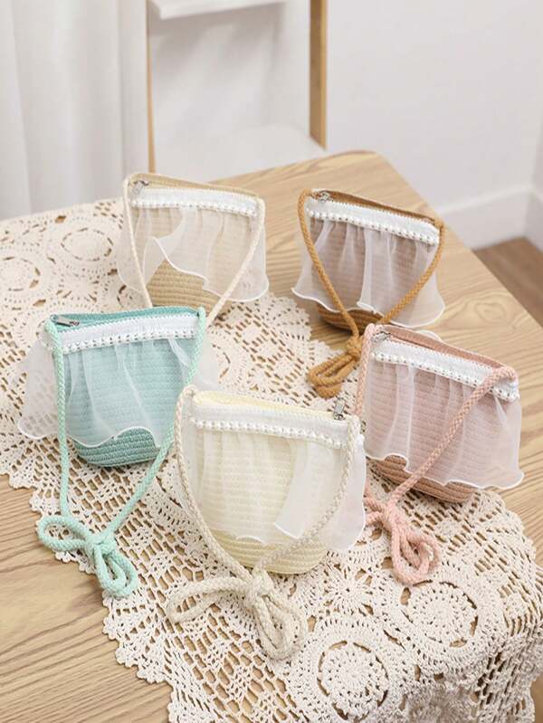 Girls Cute Princess Style Fashion Knit Mesh Straw Woven Princess Bag & Princess Beach Hat, Suitable For Daily Wear