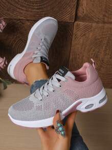 1 Paar rosa luftgepolsterte, atmungsaktive Damen Sportschuhe, rutschfeste flache Low-Tops, zweifarbige Laufsohle, hochwertige Mesh-Strick-Oberfläche, geeignet für den ganzen Tag, Laufen, Wandern, Fitness, Lässig